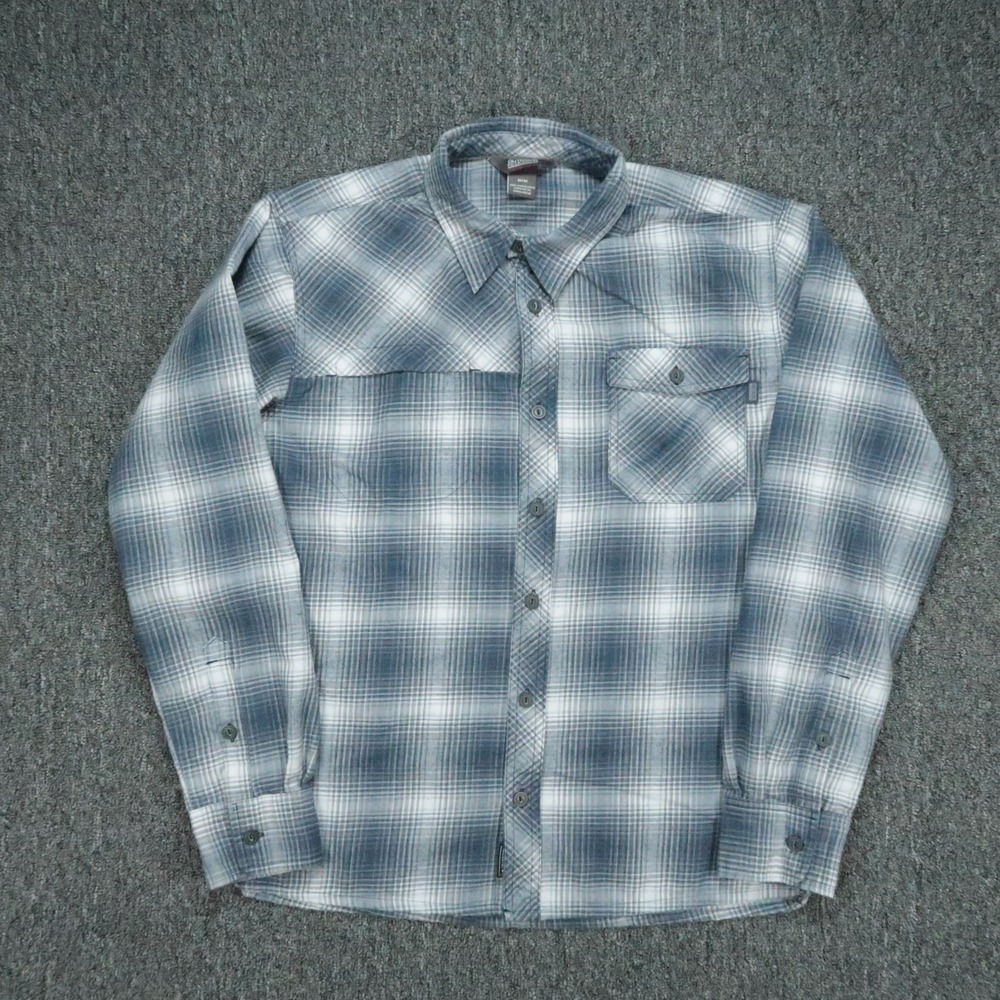 Outdoor Research Shirt Mens Medium Blue White Tangent Plaid Wool Long Sleeve
